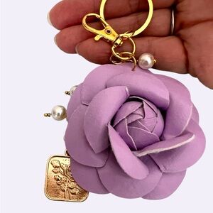 Lavender Floral Keychain Bag Charm with Pearl Accents